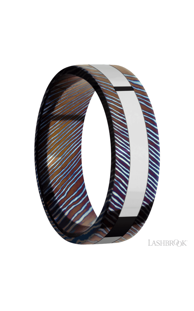 7 mm wide/Flat/Titanium Damascus band with one 3 mm Centered inlay of Cobalt Chrome. - Diamonds By Rothschild