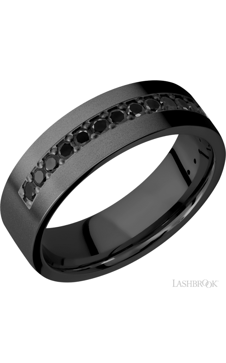 7 mm wide/Flat/Zirconium band with a Half Eternity arrangement of .03 carat Round Black Diamond stones in a Bead setting. - Diamonds By Rothschild