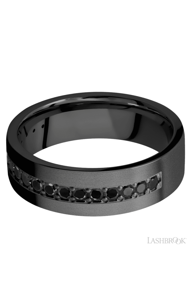 7 mm wide/Flat/Zirconium band with a Half Eternity arrangement of .03 carat Round Black Diamond stones in a Bead setting. - Diamonds By Rothschild