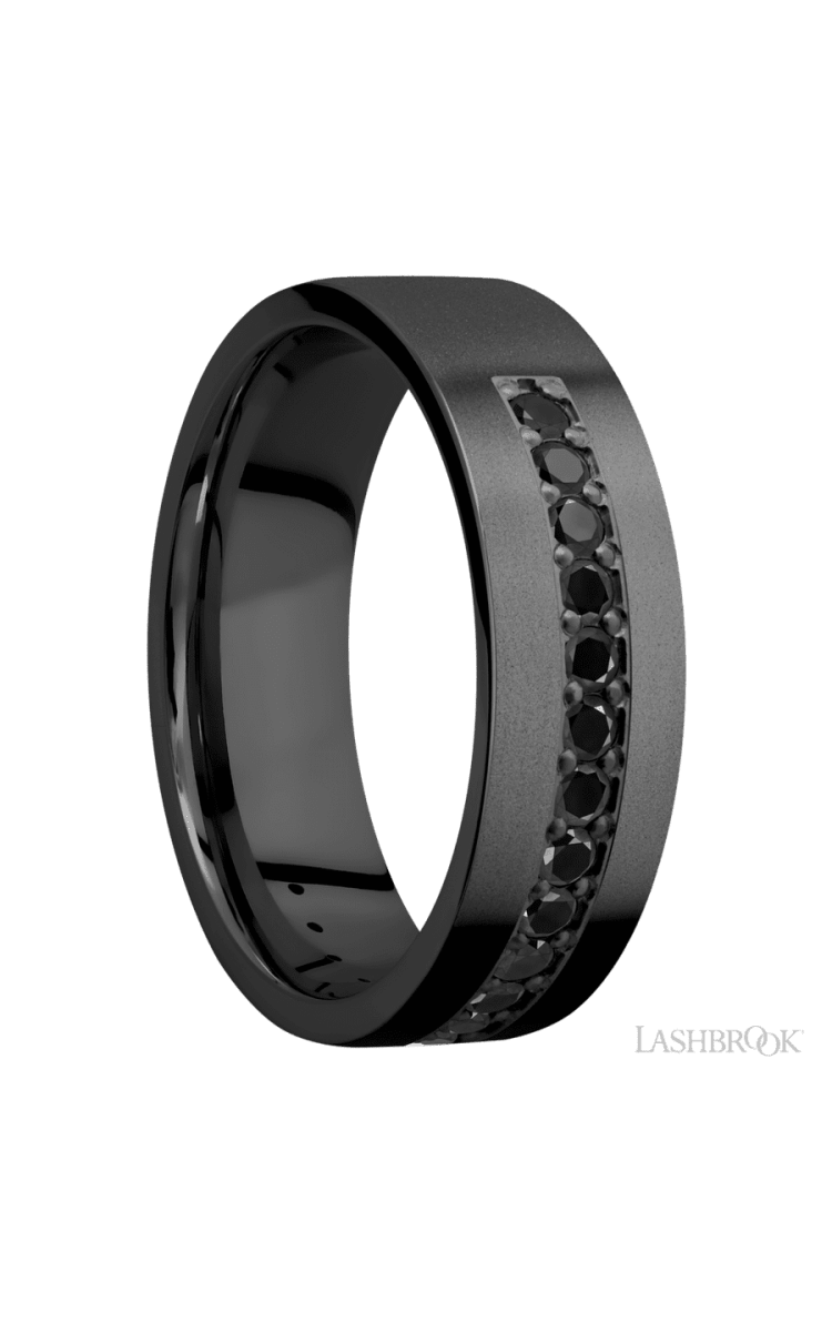 7 mm wide/Flat/Zirconium band with a Half Eternity arrangement of .03 carat Round Black Diamond stones in a Bead setting. - Diamonds By Rothschild