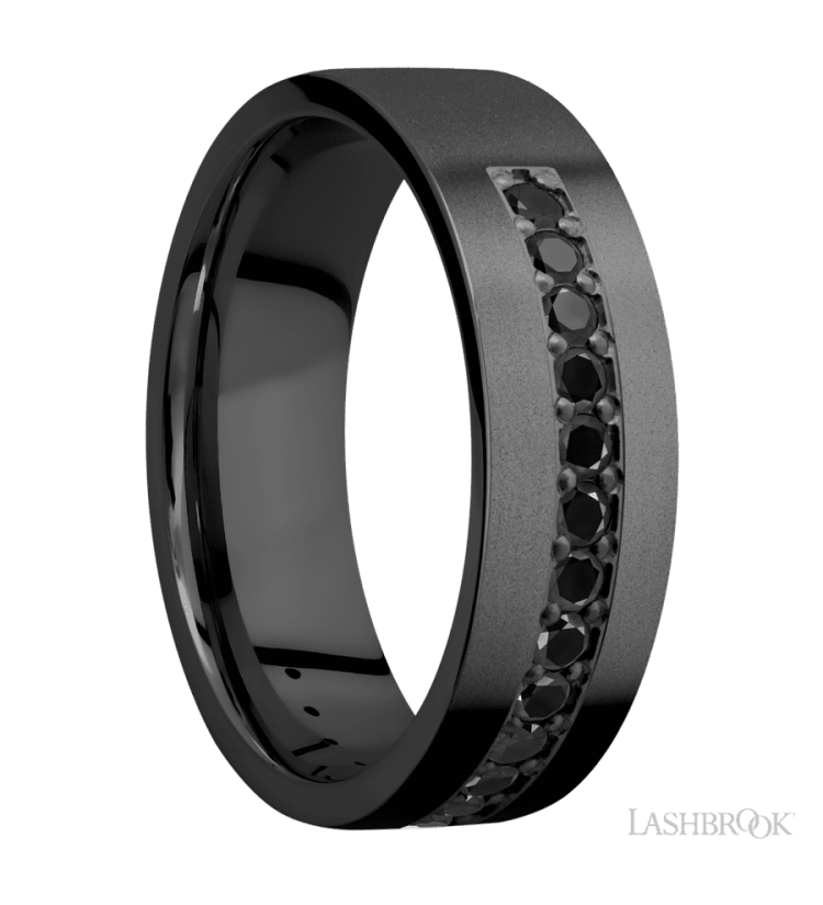 7 mm wide/Flat/Zirconium band with a Half Eternity arrangement of .03 carat Round Black Diamond stones in a Bead setting. - Diamonds By Rothschild