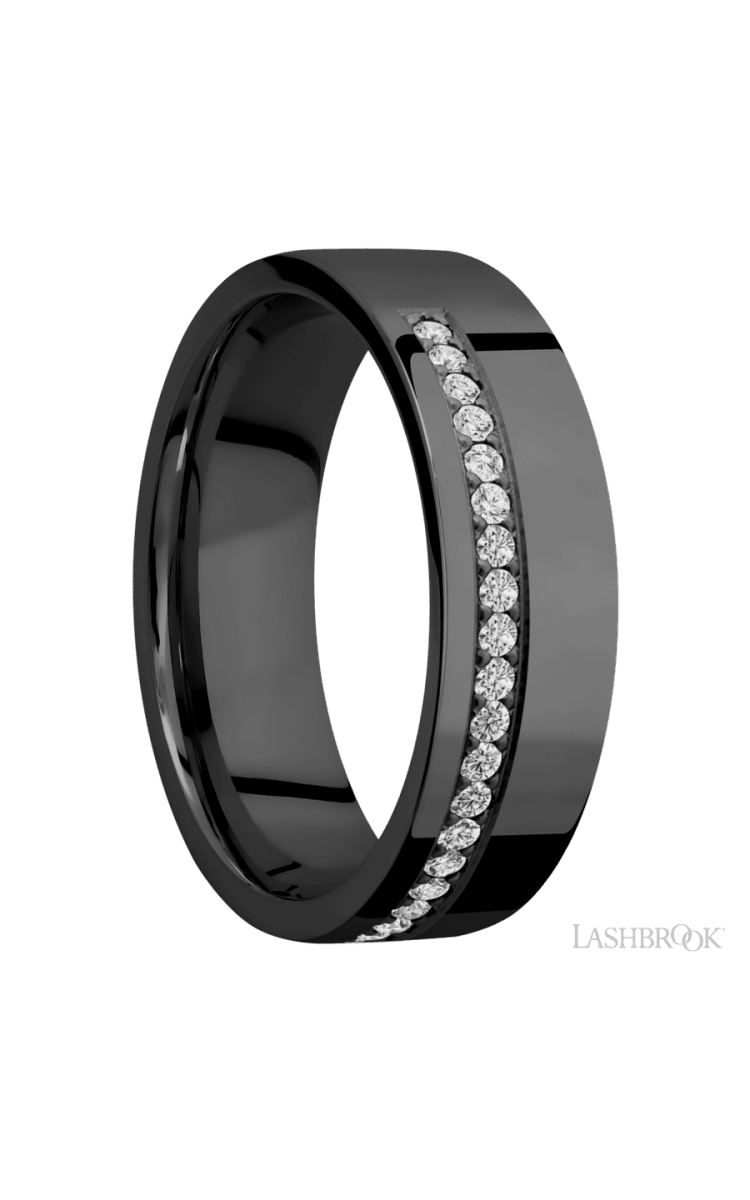 7 mm wide/Flat/Zirconium band with a Off Center Half Eternity arrangement of .015 carat Round Diamond stones in a Bead setting. - Diamonds By Rothschild
