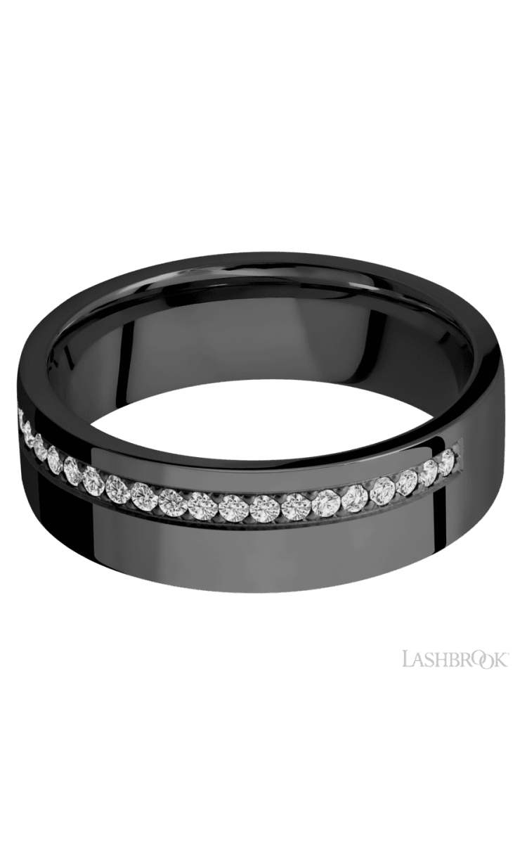 7 mm wide/Flat/Zirconium band with a Off Center Half Eternity arrangement of .015 carat Round Diamond stones in a Bead setting. - Diamonds By Rothschild