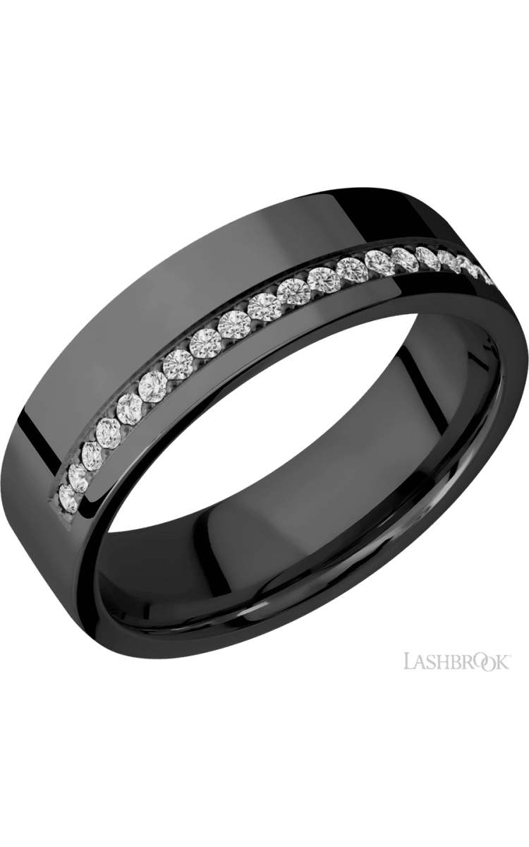 7 mm wide/Flat/Zirconium band with a Off Center Half Eternity arrangement of .015 carat Round Diamond stones in a Bead setting. - Diamonds By Rothschild