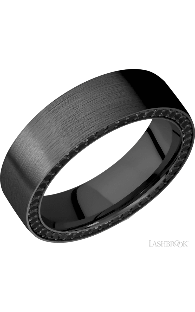 7 mm wide/Flat/Zirconium band with a Side Eternity arrangement of .01 carat Round Black Diamond stones in a Bead setting. - Diamonds By Rothschild
