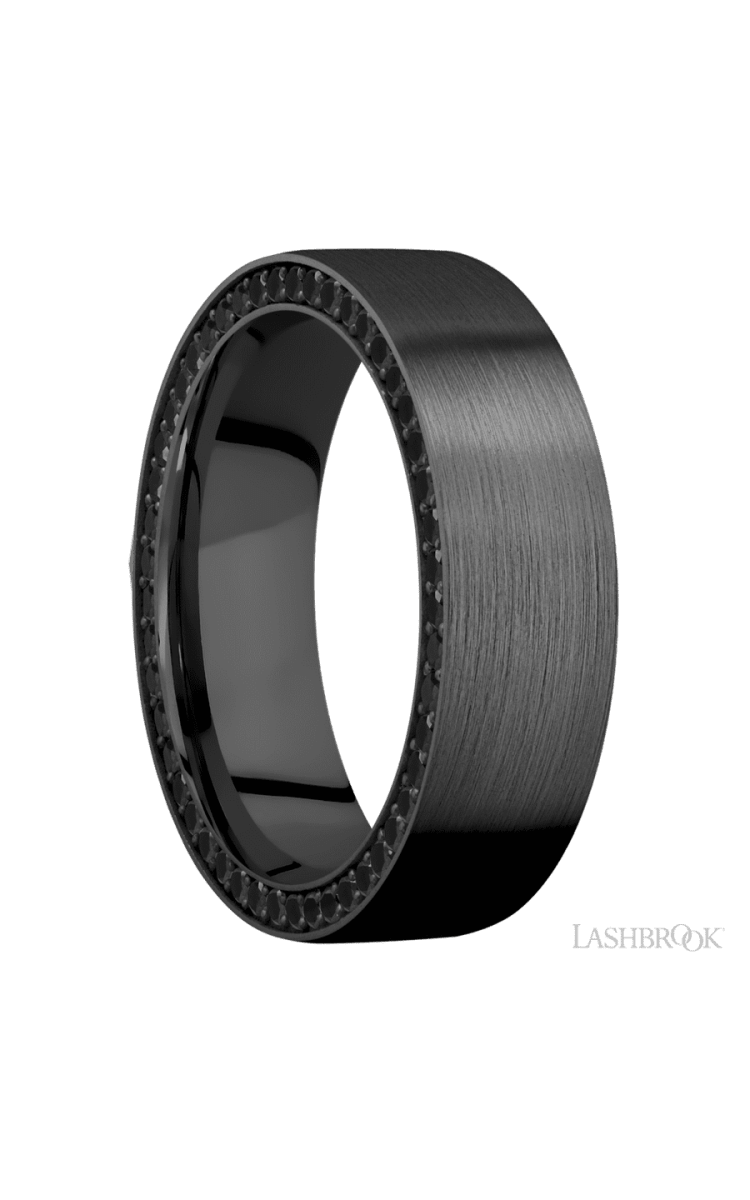 7 mm wide/Flat/Zirconium band with a Side Eternity arrangement of .01 carat Round Black Diamond stones in a Bead setting. - Diamonds By Rothschild