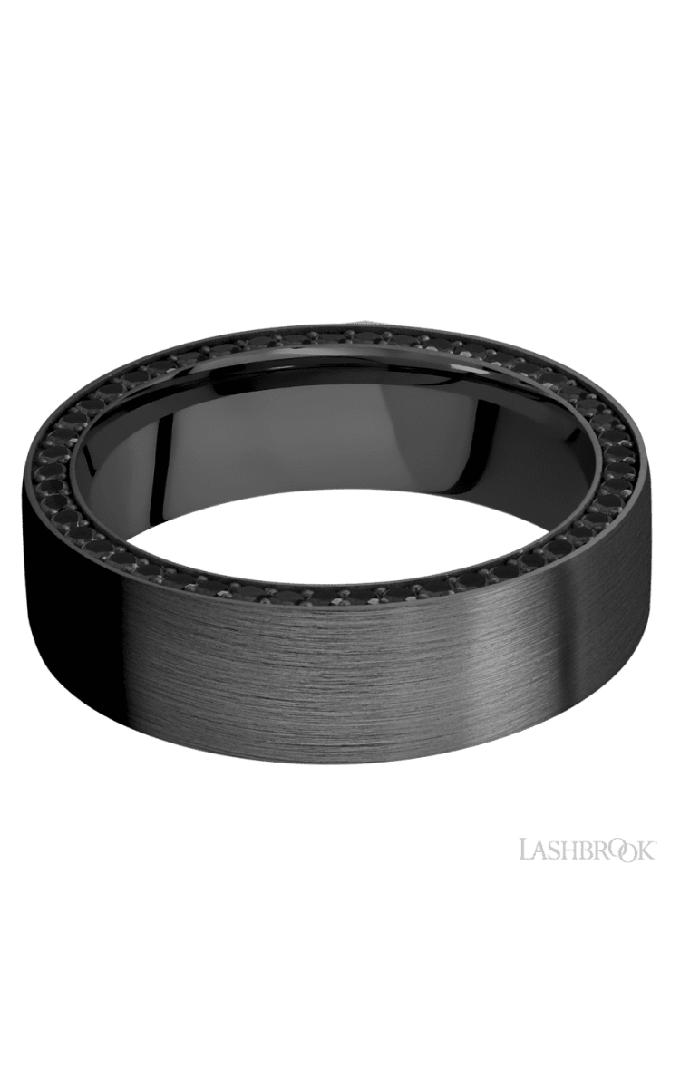 7 mm wide/Flat/Zirconium band with a Side Eternity arrangement of .01 carat Round Black Diamond stones in a Bead setting. - Diamonds By Rothschild