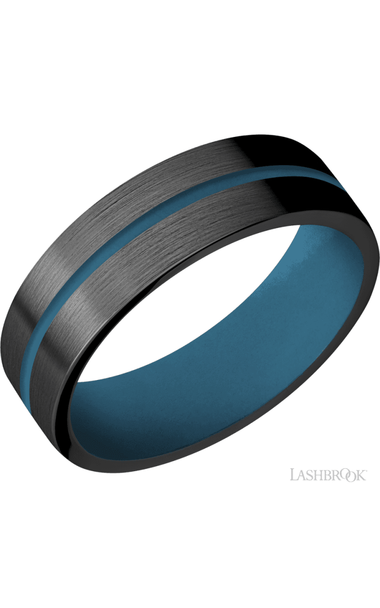 7 mm wide/Flat/Zirconium band with one 1 mm Centered inlay of Royal Blue also featuring a Royal Blue sleeve. - Diamonds By Rothschild