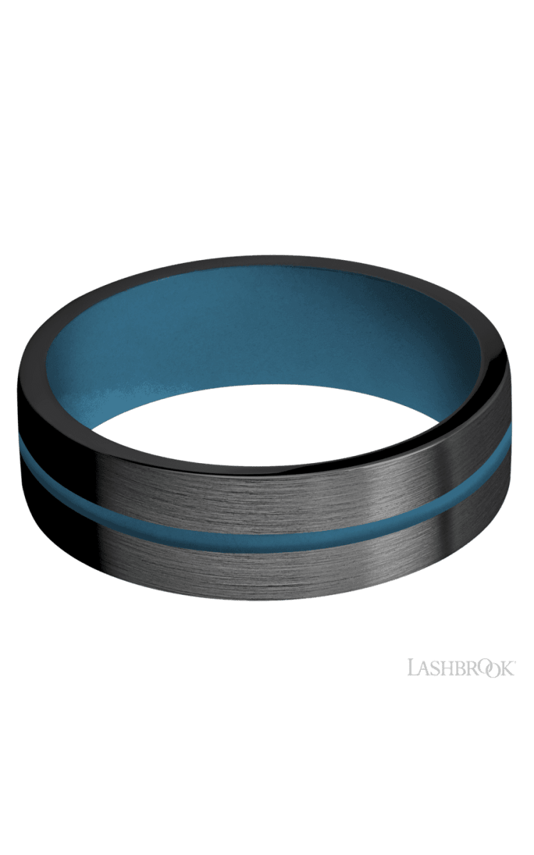 7 mm wide/Flat/Zirconium band with one 1 mm Centered inlay of Royal Blue also featuring a Royal Blue sleeve. - Diamonds By Rothschild