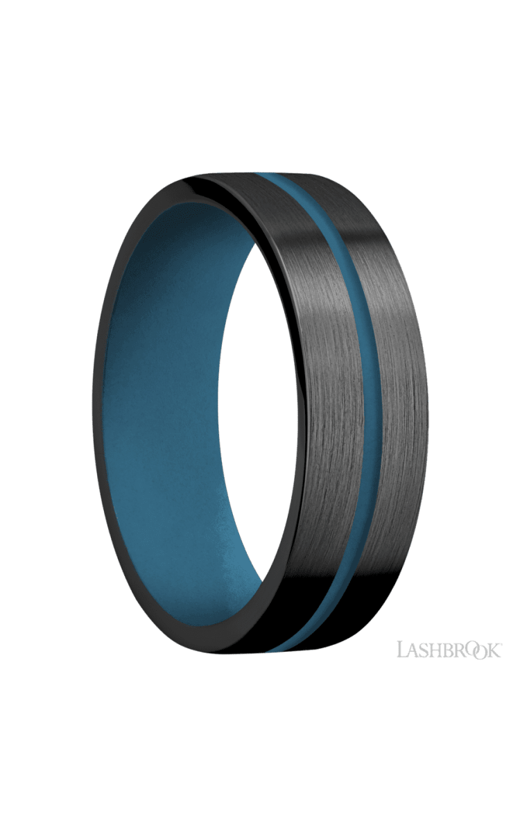 7 mm wide/Flat/Zirconium band with one 1 mm Centered inlay of Royal Blue also featuring a Royal Blue sleeve. - Diamonds By Rothschild