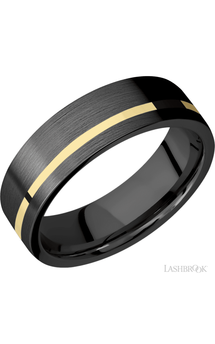 7 mm wide/Flat/Zirconium band with one 1 mm Off Center inlay of 14K Yellow Gold. - Diamonds By Rothschild