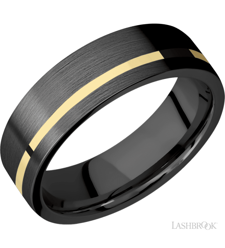 7 mm wide/Flat/Zirconium band with one 1 mm Off Center inlay of 14K Yellow Gold. - Diamonds By Rothschild