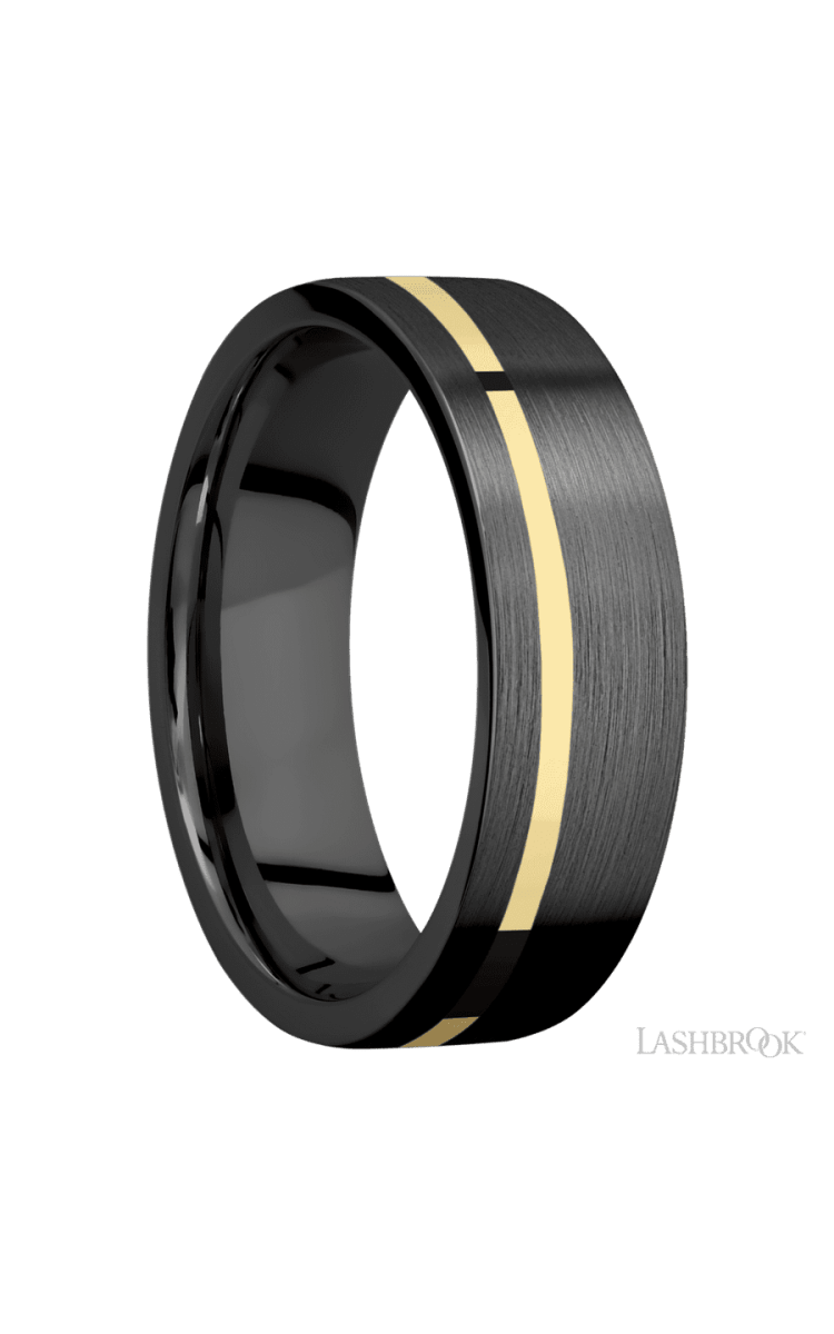 7 mm wide/Flat/Zirconium band with one 1 mm Off Center inlay of 14K Yellow Gold. - Diamonds By Rothschild