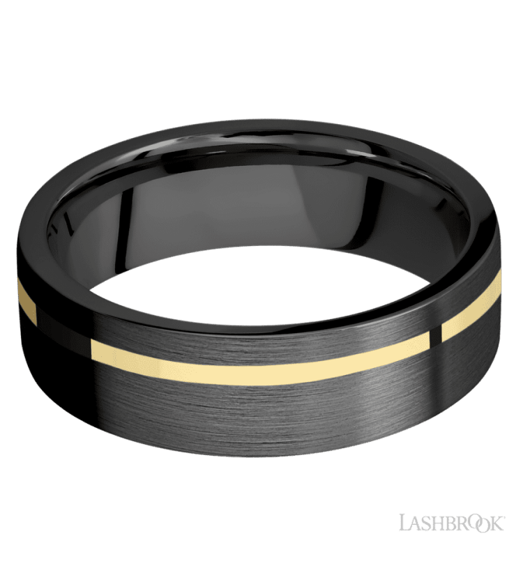 7 mm wide/Flat/Zirconium band with one 1 mm Off Center inlay of 14K Yellow Gold. - Diamonds By Rothschild