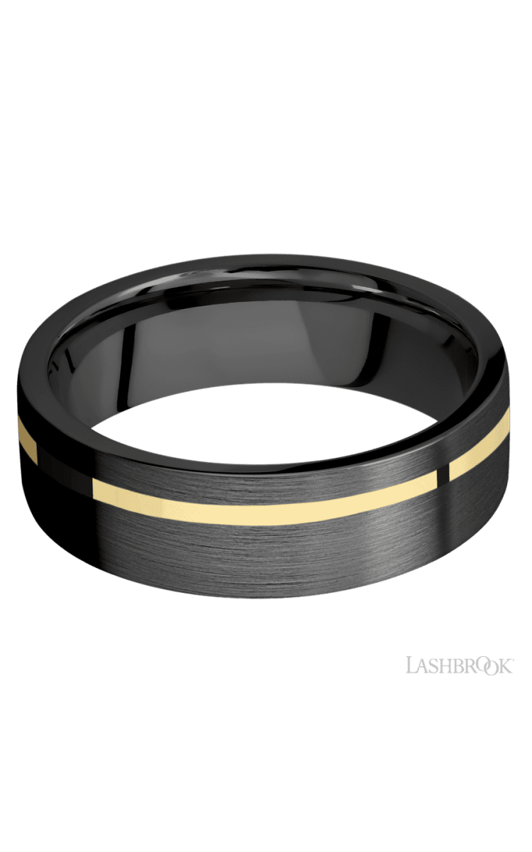 7 mm wide/Flat/Zirconium band with one 1 mm Off Center inlay of 14K Yellow Gold. - Diamonds By Rothschild