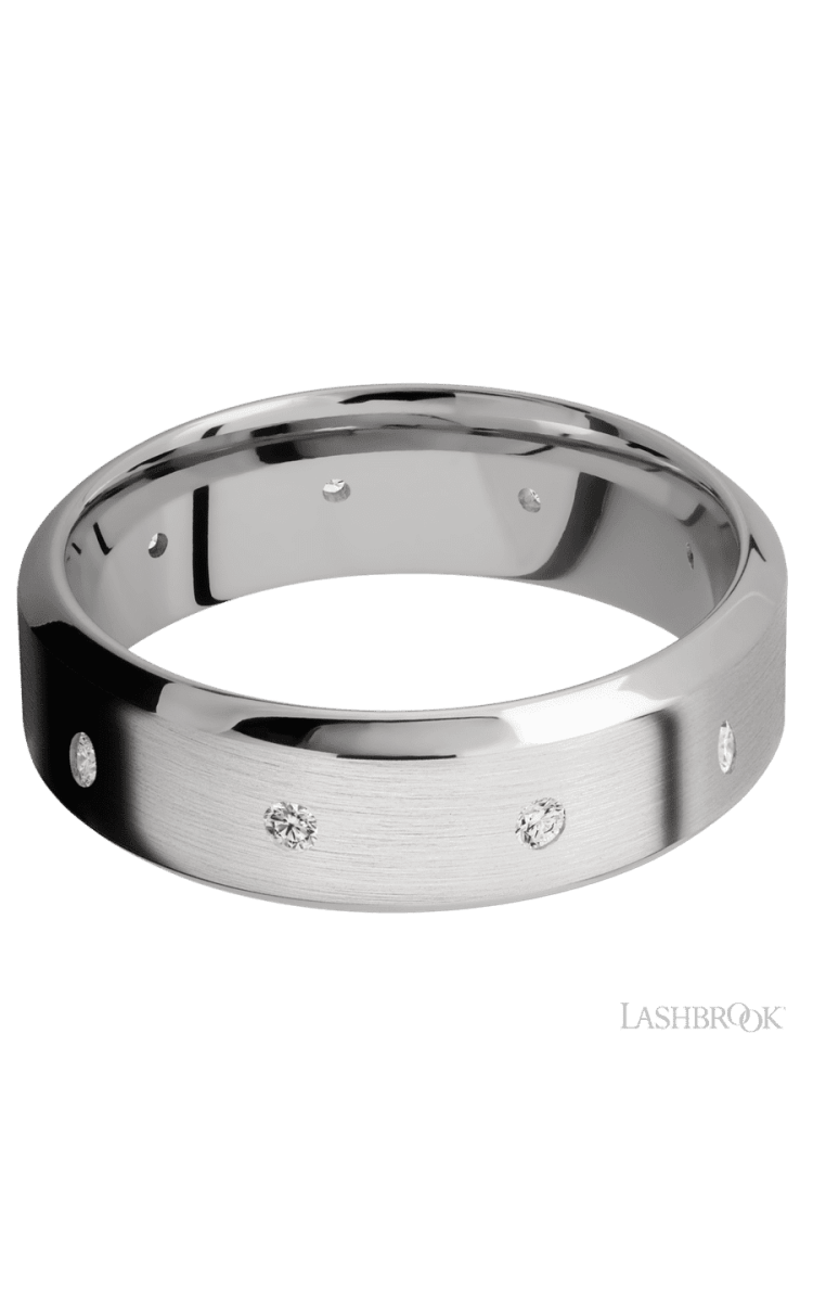 7 mm wide/High Bevel/14K White Gold band with a 9X Even arrangement of .03 carat Round Diamond stones in a Flush setting. - Diamonds By Rothschild