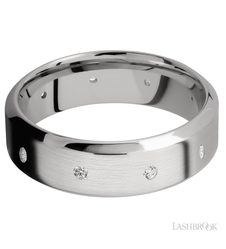 7 mm wide/High Bevel/14K White Gold band with a 9X Even arrangement of .03 carat Round Diamond stones in a Flush setting. - Diamonds By Rothschild