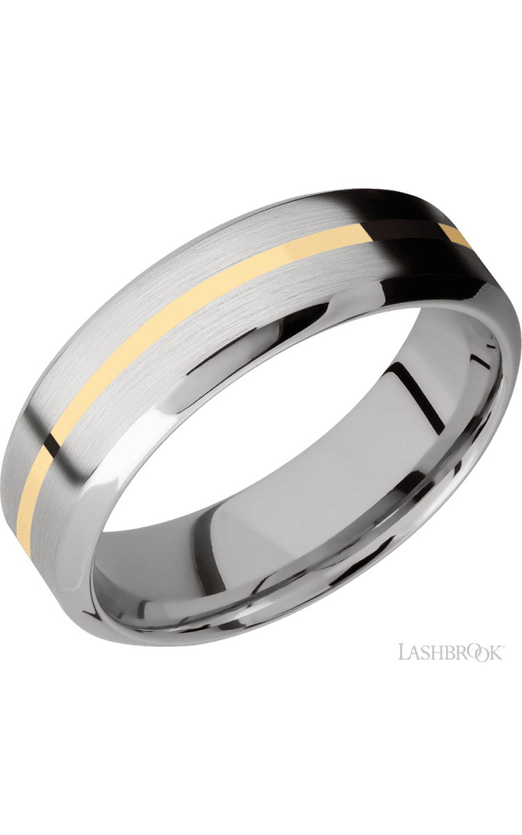 7 mm wide/High Bevel/14K White Gold band with one 1 mm Centered inlay of 14K Yellow Gold. - Diamonds By Rothschild