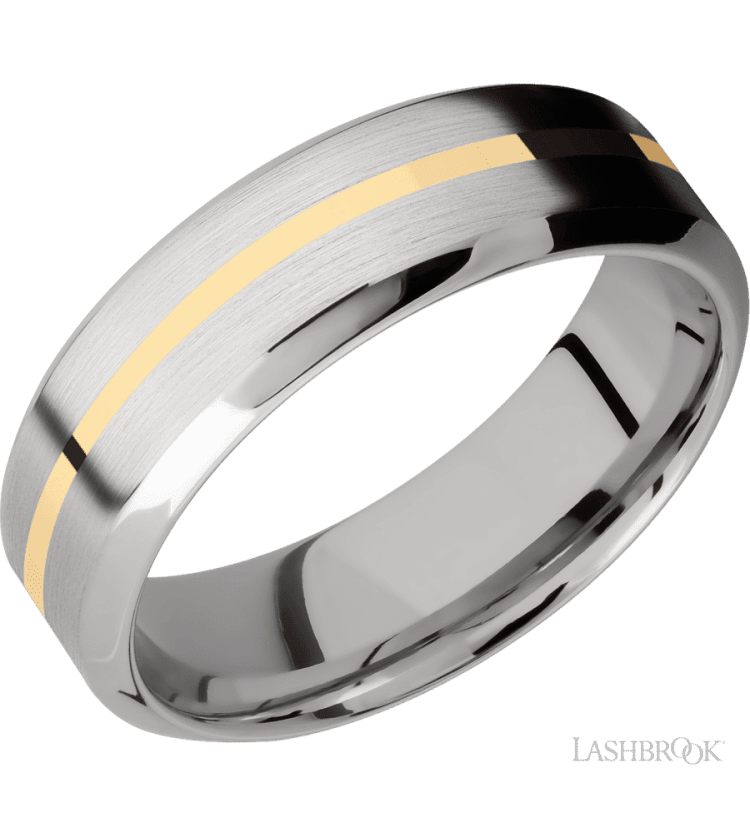 7 mm wide/High Bevel/14K White Gold band with one 1 mm Centered inlay of 14K Yellow Gold. - Diamonds By Rothschild