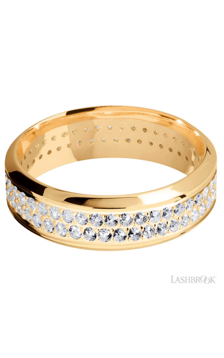 7 mm wide/High Bevel/14K Yellow Gold band with a 2 Row Eternity arrangement of .015 carat Round Diamond stones in a Bead Channel setting. - Diamonds By Rothschild