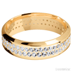 7 mm wide/High Bevel/14K Yellow Gold band with a 2 Row Eternity arrangement of .015 carat Round Diamond stones in a Bead Channel setting. - Diamonds By Rothschild