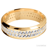 7 mm wide/High Bevel/14K Yellow Gold band with a 2 Row Eternity arrangement of .015 carat Round Diamond stones in a Bead Channel setting. - Diamonds By Rothschild