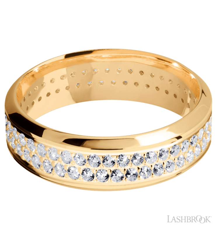 7 mm wide/High Bevel/14K Yellow Gold band with a 2 Row Eternity arrangement of .015 carat Round Diamond stones in a Bead Channel setting. - Diamonds By Rothschild