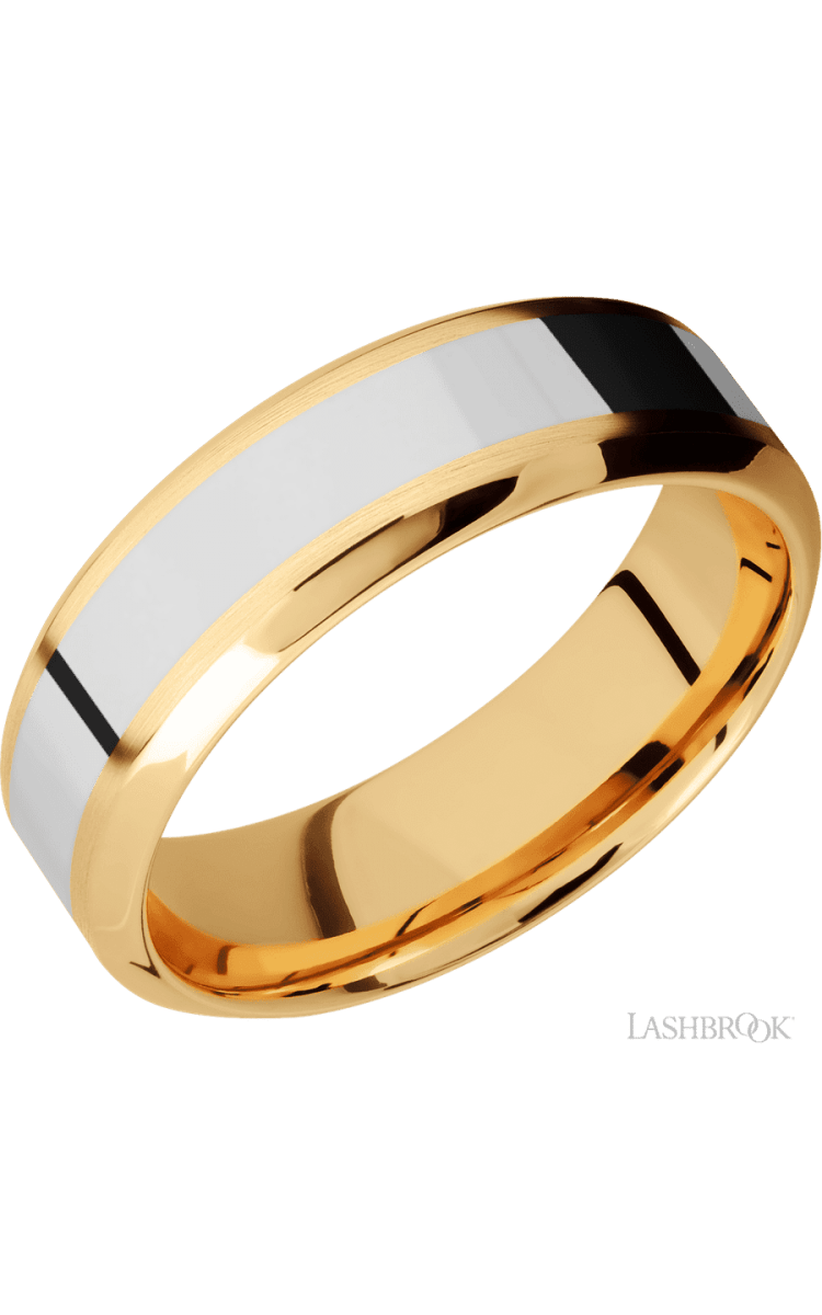 7 mm wide/High Bevel/14K Yellow Gold band with one 3 mm Centered inlay of 14K White Gold. - Diamonds By Rothschild