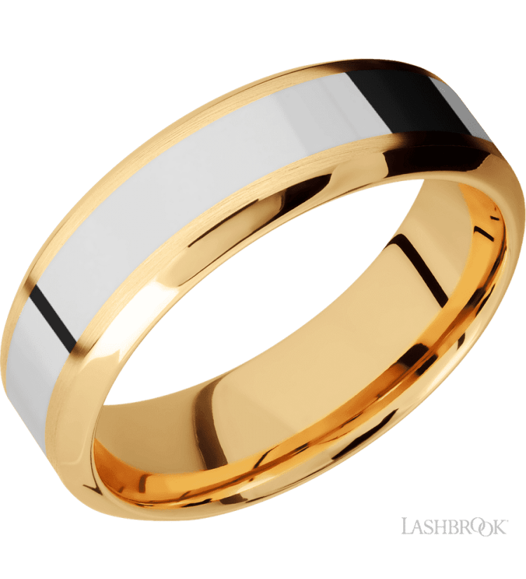7 mm wide/High Bevel/14K Yellow Gold band with one 3 mm Centered inlay of 14K White Gold. - Diamonds By Rothschild