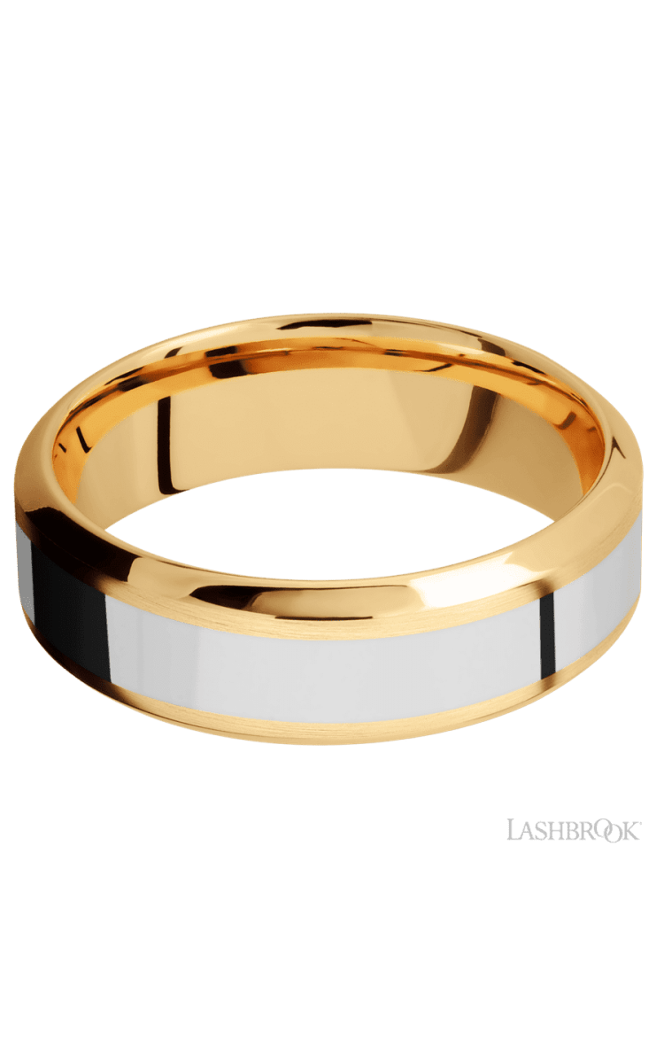 7 mm wide/High Bevel/14K Yellow Gold band with one 3 mm Centered inlay of 14K White Gold. - Diamonds By Rothschild