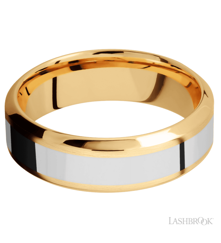 7 mm wide/High Bevel/14K Yellow Gold band with one 3 mm Centered inlay of 14K White Gold. - Diamonds By Rothschild