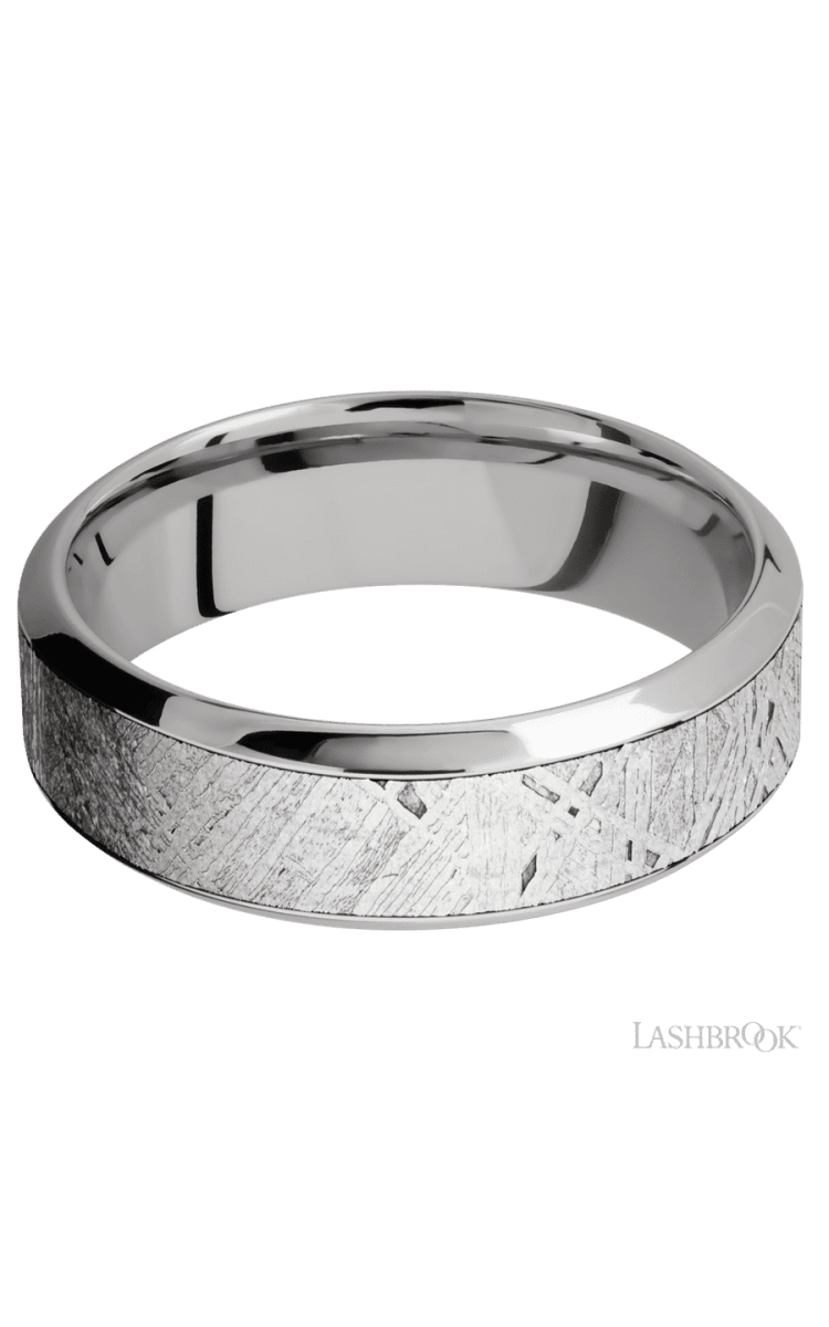 7 mm wide/High Bevel/18K White Gold band with one 4 mm Centered inlay of Meteorite. - Diamonds By Rothschild