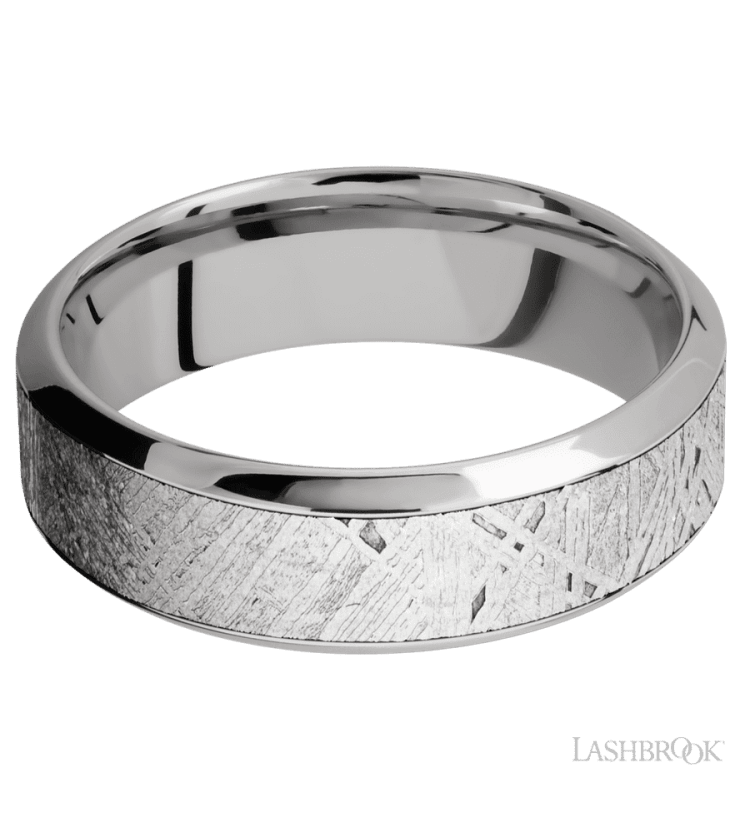 7 mm wide/High Bevel/18K White Gold band with one 4 mm Centered inlay of Meteorite. - Diamonds By Rothschild