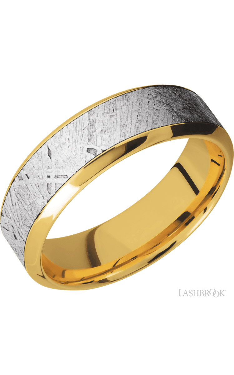 7 mm wide/High Bevel/18K Yellow Gold band with one 4 mm Centered inlay of Meteorite. - Diamonds By Rothschild