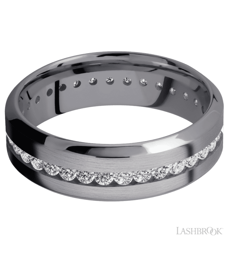7 mm wide/High Bevel/Tantalum band with an Eternity arrangement of .03 carat Round Lab Grown Diamond stones in a Channel setting. - Diamonds By Rothschild