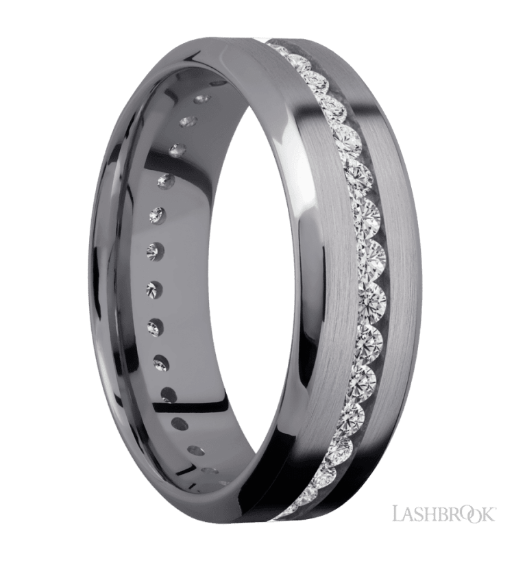 7 mm wide/High Bevel/Tantalum band with an Eternity arrangement of .03 carat Round Lab Grown Diamond stones in a Channel setting. - Diamonds By Rothschild