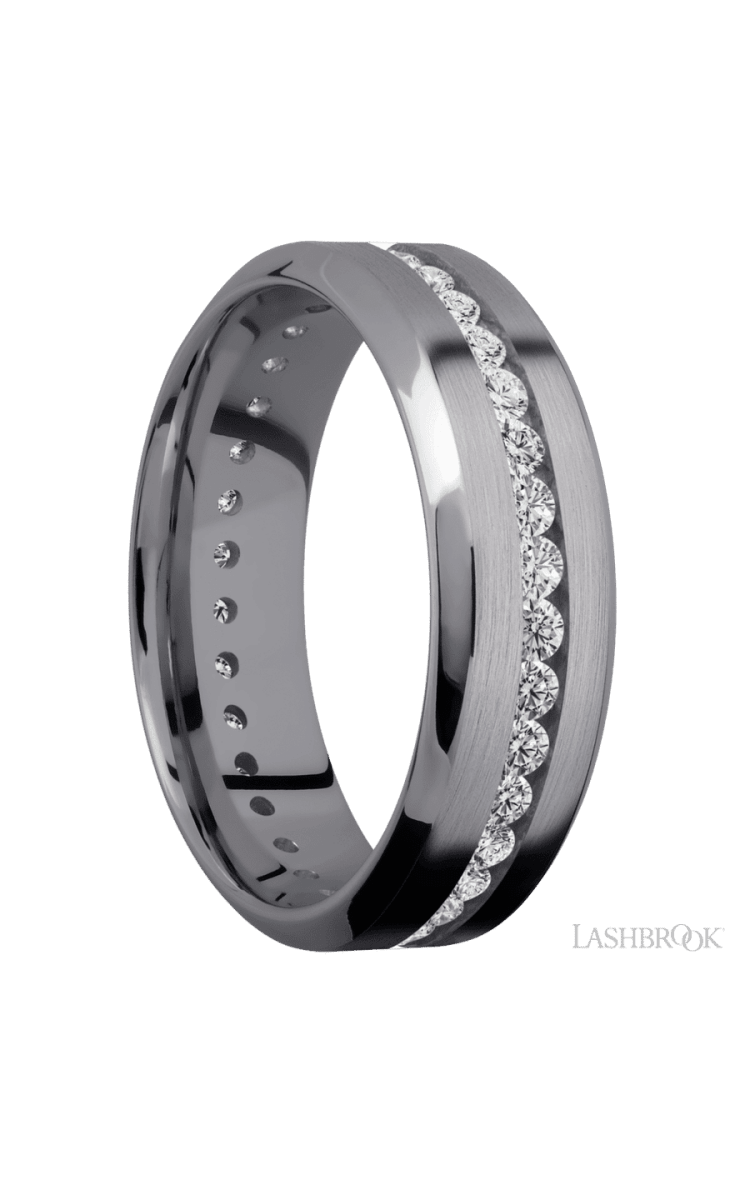 7 mm wide/High Bevel/Tantalum band with an Eternity arrangement of .03 carat Round Lab Grown Diamond stones in a Channel setting. - Diamonds By Rothschild