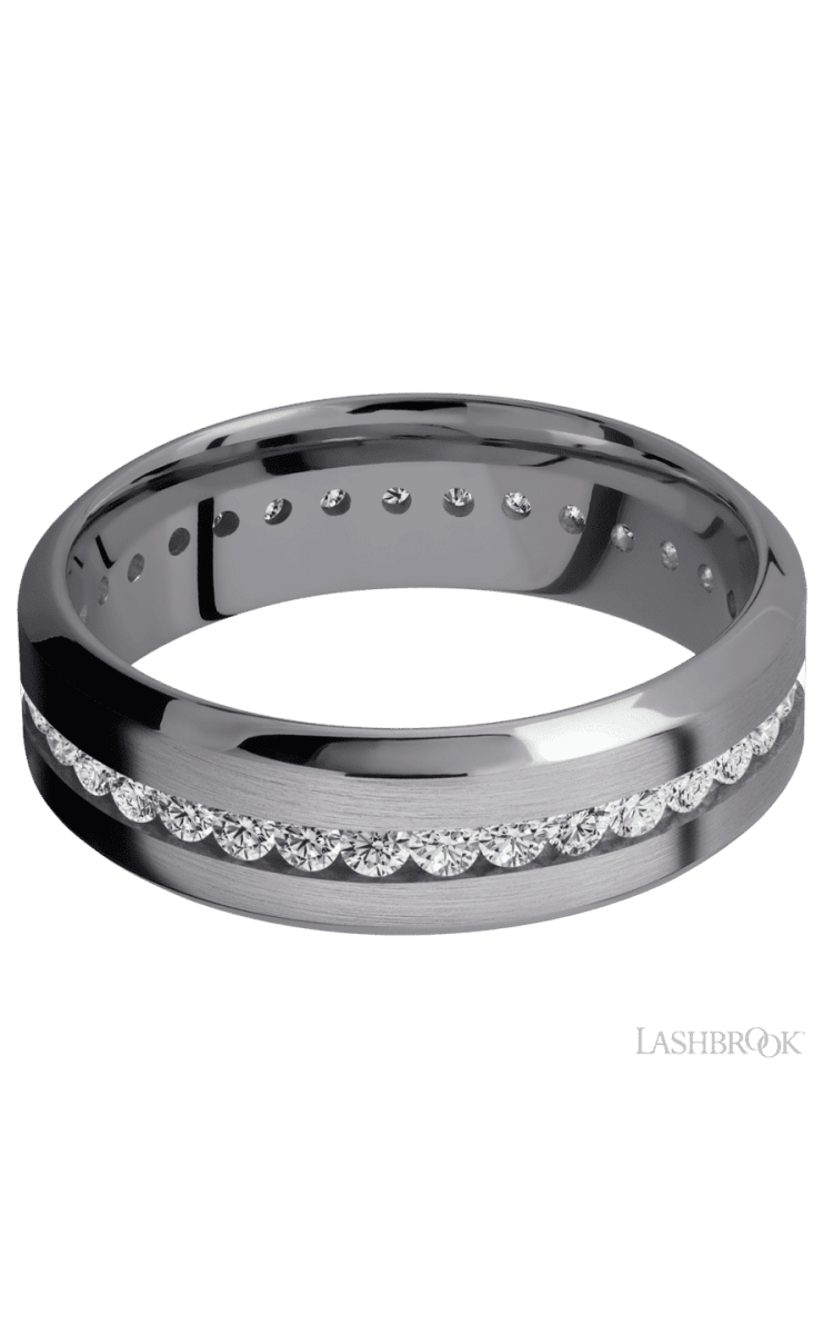 7 mm wide/High Bevel/Tantalum band with an Eternity arrangement of .03 carat Round Lab Grown Diamond stones in a Channel setting. - Diamonds By Rothschild