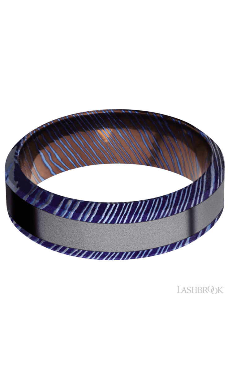 7 mm wide/High Bevel/Titanium Damascus band with one 3 mm Centered inlay of Tantalum. - Diamonds By Rothschild