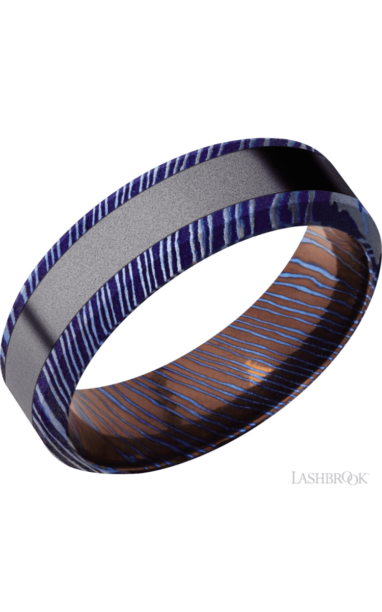 7 mm wide/High Bevel/Titanium Damascus band with one 3 mm Centered inlay of Tantalum. - Diamonds By Rothschild