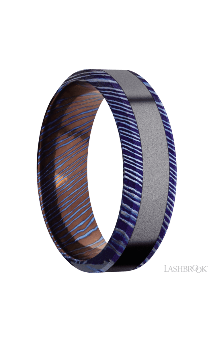 7 mm wide/High Bevel/Titanium Damascus band with one 3 mm Centered inlay of Tantalum. - Diamonds By Rothschild