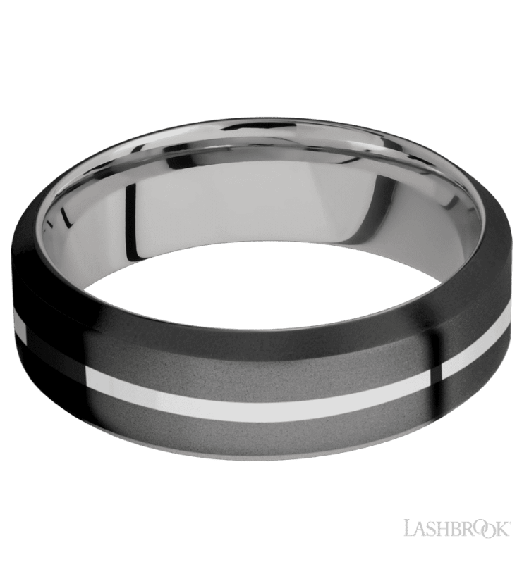 7 mm wide/High Bevel/Zirconium band with one 1 mm Centered inlay of Palladium Silver also featuring a Palladium Silver sleeve. - Diamonds By Rothschild