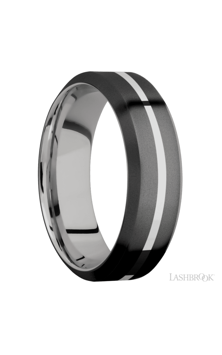 7 mm wide/High Bevel/Zirconium band with one 1 mm Centered inlay of Palladium Silver also featuring a Palladium Silver sleeve. - Diamonds By Rothschild