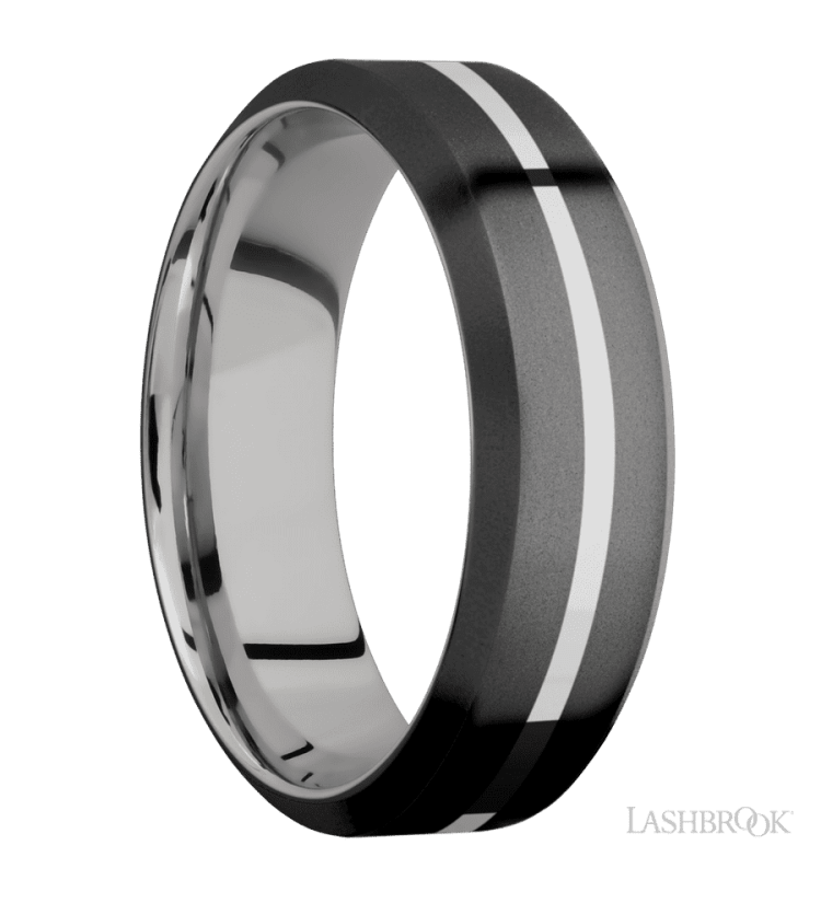 7 mm wide/High Bevel/Zirconium band with one 1 mm Centered inlay of Palladium Silver also featuring a Palladium Silver sleeve. - Diamonds By Rothschild