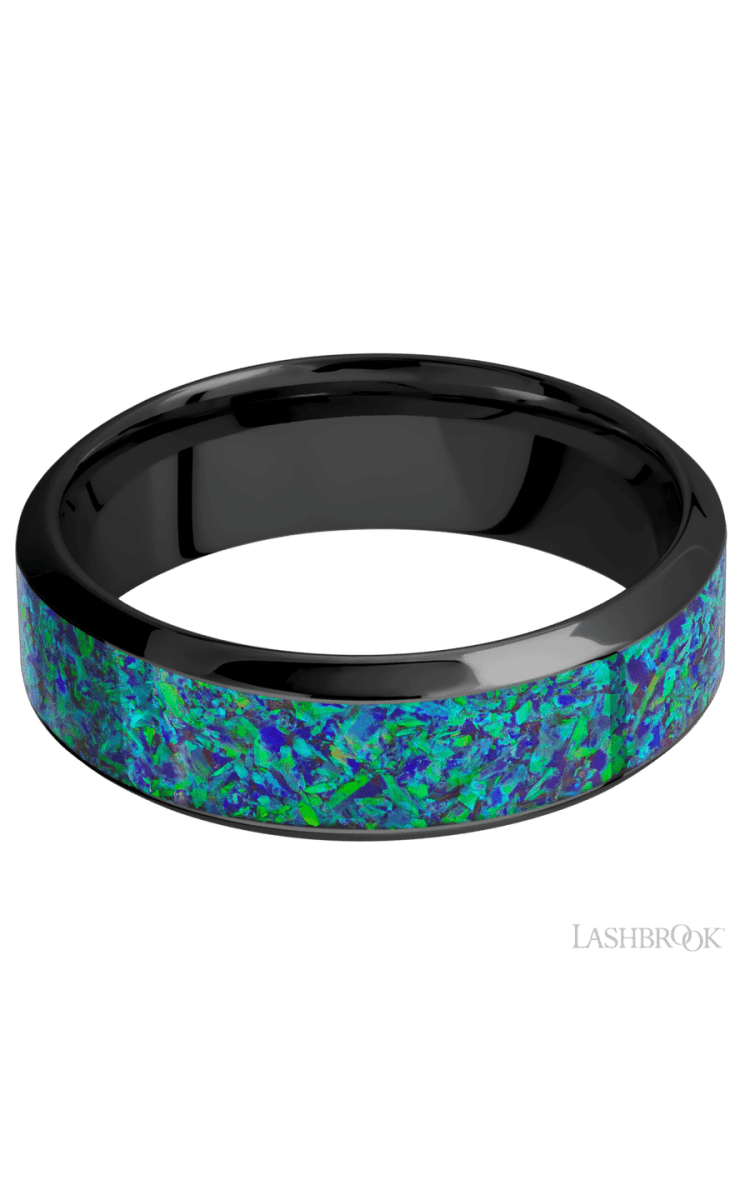 7 mm wide/High Bevel/Zirconium band with one 4 mm Centered inlay of Green Opal. - Diamonds By Rothschild