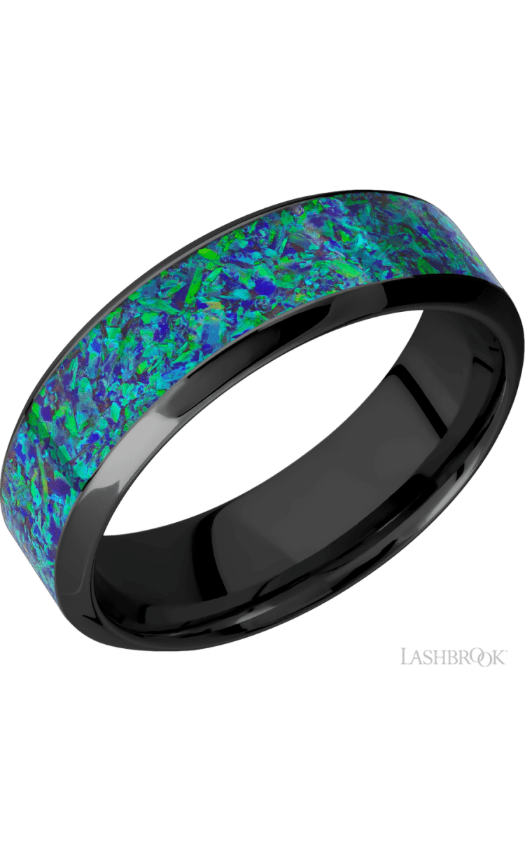 7 mm wide/High Bevel/Zirconium band with one 4 mm Centered inlay of Green Opal. - Diamonds By Rothschild