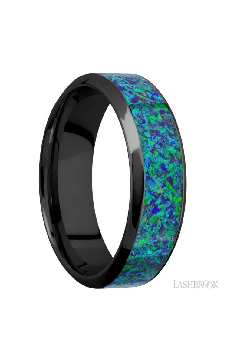 7 mm wide/High Bevel/Zirconium band with one 4 mm Centered inlay of Green Opal. - Diamonds By Rothschild