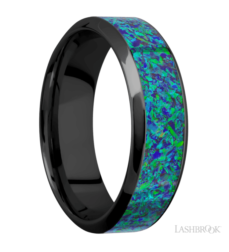7 mm wide/High Bevel/Zirconium band with one 4 mm Centered inlay of Green Opal. - Diamonds By Rothschild