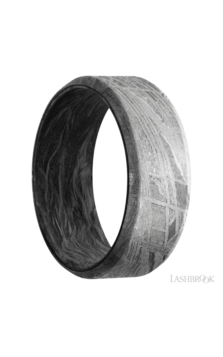 8 mm wide Beveled Meteorite band featuring a Forged Carbon Fiber sleeve. - Diamonds By Rothschild