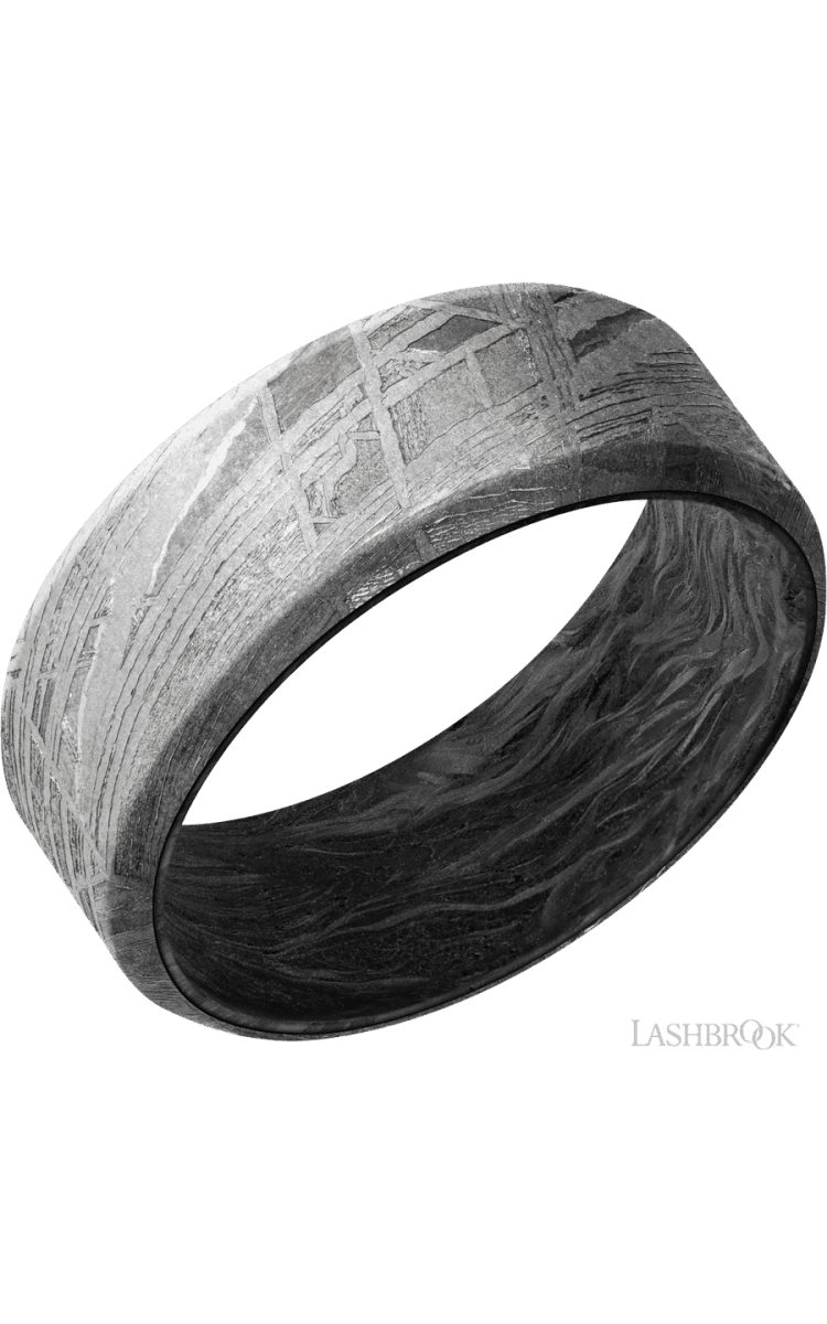 8 mm wide Beveled Meteorite band featuring a Forged Carbon Fiber sleeve. - Diamonds By Rothschild